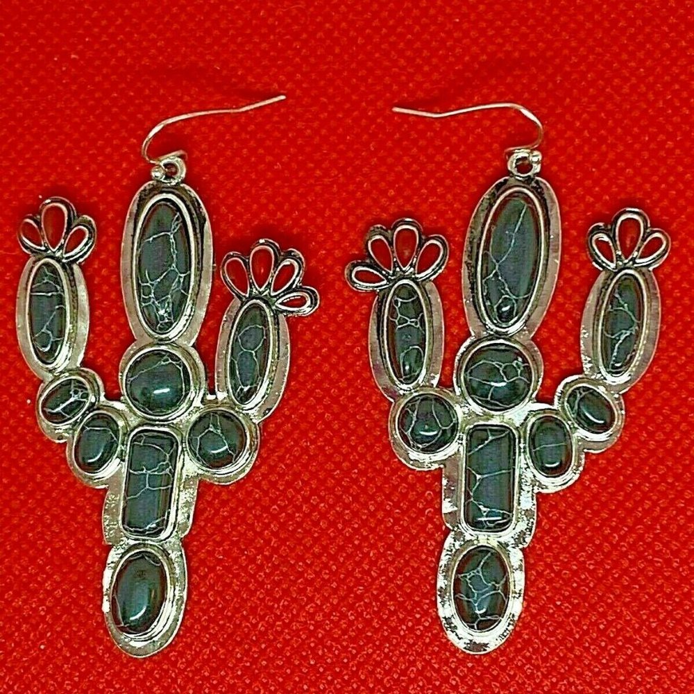 Black Saguaro Cactus Black Turquoise Red Earrings - Picture 5 of 9